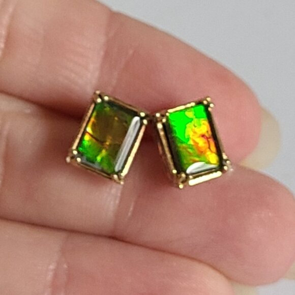 Gems En Vogue Palladium Silver Gold Plate Ammolite Gemstone Square Stud Earrings - Picture 9 of 14
